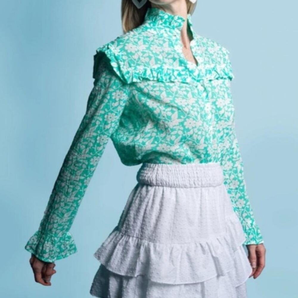 The Shirt by Rochelle Behrens Mint Floral Ruffle Yoke Blouse